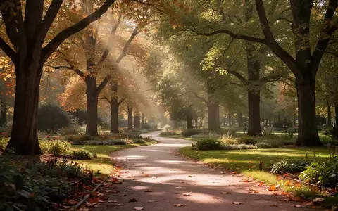 Ein ruhiger, sonnendurchfluteter Parkweg im Herbst, der sich durch einen Garten mit alten Bäumen schlängelt. - Foto: über boerse-global.de
