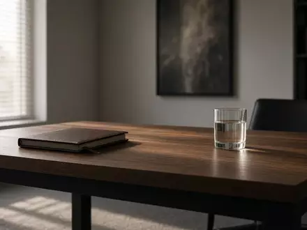 Ein minimalistischer, leerer Konferenztisch in einem schattigen Büro, beleuchtet durch weiches Tageslicht. - Foto: über boerse-global.de