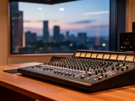 Ein modernes Tonstudio mit einem Mischpult in einer stimmungsvollen, abendlichen Umgebung. - Foto: über boerse-global.de