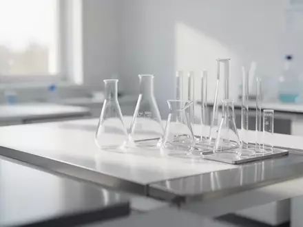 Ein steriler, minimalistischer Laborarbeitsplatz mit Glasgefäßen in hellem, natürlichem Licht. - Foto: über boerse-global.de