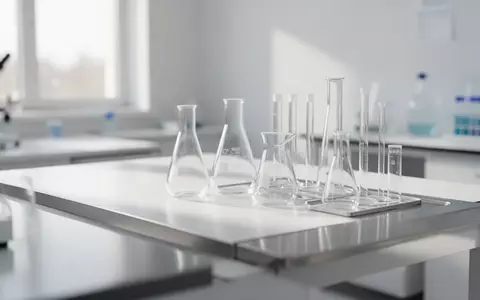 Ein steriler, minimalistischer Laborarbeitsplatz mit Glasgefäßen in hellem, natürlichem Licht. - Foto: über boerse-global.de