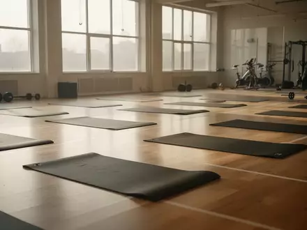 Leerer Fitnessraum mit Sportmatten auf einem polierten Holzboden in einem hellen, freundlichen Ambiente. - Foto: über boerse-global.de