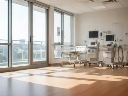 Ein heller, moderner Rehabilitationsraum in einer Klinik mit großen Fenstern und einfallendem Tageslicht. - Foto: über boerse-global.de