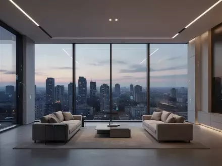 Modernes, minimalistisches Interieur mit Blick auf eine urbane Stadtlandschaft bei Dämmerung, das Konnektivität symbolisiert. - Foto: über boerse-global.de