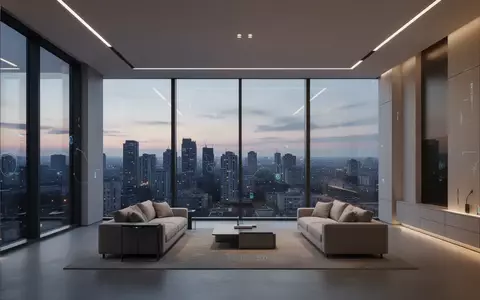 Modernes, minimalistisches Interieur mit Blick auf eine urbane Stadtlandschaft bei Dämmerung, das Konnektivität symbolisiert. - Foto: über boerse-global.de