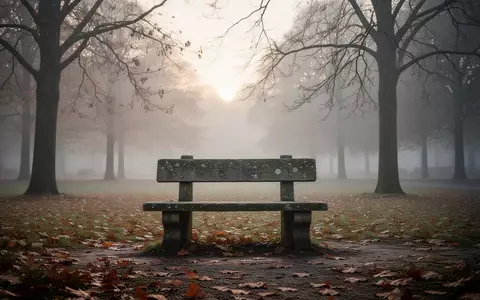 Eine einsame, verwitterte Parkbank in einer nebligen Herbstlandschaft bei Tagesanbruch. - Foto: über boerse-global.de