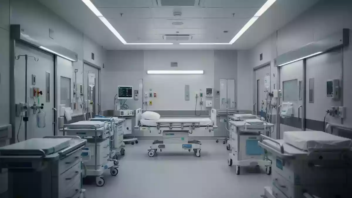 Leeres, steriles Krankenzimmer in einer modernen Klinik mit klinischer Beleuchtung und klaren architektonischen Linien. Illustration mit AI erstellt.