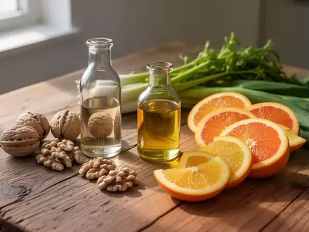 Natürliche Lebensmittel wie Nüsse, Rapsöl und frisches Obst auf einem Holztisch als Symbol für gesundheitsorientierte Ernährung. - Foto: über boerse-global.de