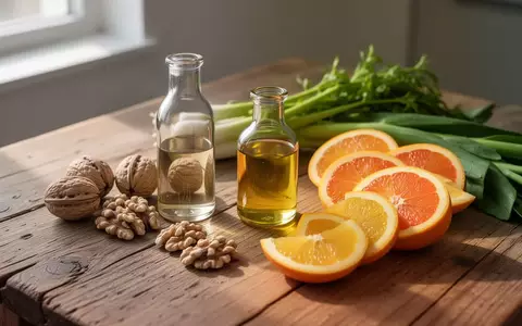 Natürliche Lebensmittel wie Nüsse, Rapsöl und frisches Obst auf einem Holztisch als Symbol für gesundheitsorientierte Ernährung. - Foto: über boerse-global.de