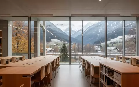 Moderner, minimalistischer Lernbereich in einer Schweizer Universitätsbibliothek mit Blick auf eine herbstliche Alpenlandschaft. - Foto: über boerse-global.de