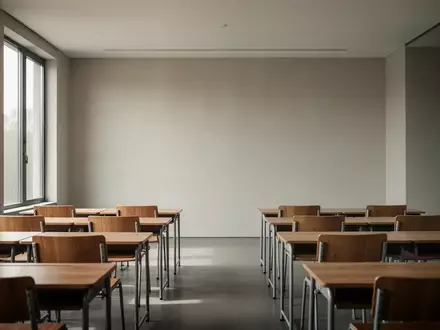 Ein leerer, minimalistisch gestalteter Klassenraum mit Holzmöbeln in natürlichem Tageslicht. - Foto: über boerse-global.de