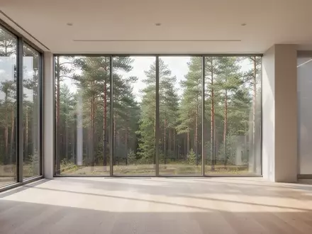 Ein heller, minimalistischer Büroinnenraum mit großen Fenstern und Blick auf einen Kiefernwald, der eine gesunde Arbeitsumgebung symbolisiert. - Foto: über boerse-global.de