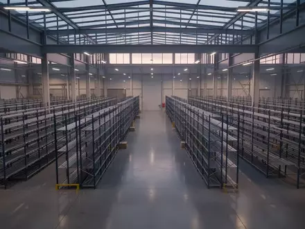 Ein weitläufiges, modernes Logistiklager mit leeren Regalsystemen und polierten Betonböden in sanftem Tageslicht. - Foto: über boerse-global.de