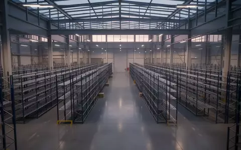 Ein weitläufiges, modernes Logistiklager mit leeren Regalsystemen und polierten Betonböden in sanftem Tageslicht. - Foto: über boerse-global.de