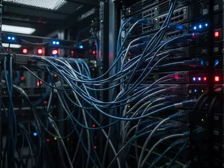 Dunkler Serverraum mit blinkenden blauen und roten Statusleuchten und einem komplexen Geflecht aus Netzwerkkabeln. - Foto: über boerse-global.de
