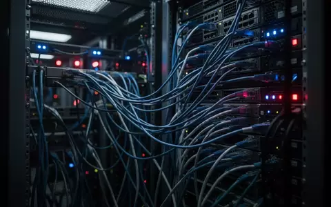 Dunkler Serverraum mit blinkenden blauen und roten Statusleuchten und einem komplexen Geflecht aus Netzwerkkabeln. - Foto: über boerse-global.de
