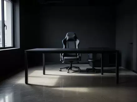Ein minimalistischer, abgedunkelter E-Sport-Trainingsraum mit einem leeren Schreibtisch und einem ergonomischen Stuhl. - Foto: über boerse-global.de