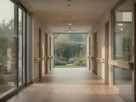 Ein ruhiger, moderner Flur in einer Pflegeeinrichtung mit hellem Tageslicht und minimalistischer Architektur. - Foto: über boerse-global.de
