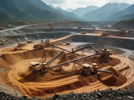 Große Goldmine mit schwerem Gerät in einer weitläufigen Berglandschaft. - Foto: über boerse-global.de
