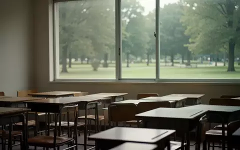 Ein leerer, sonnendurchfluteter Klassenraum mit ordentlich aufgestellten Holztischen und Blick ins Grüne. - Foto: über boerse-global.de