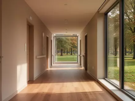 Ein heller, minimalistischer Flur in einer Seniorenresidenz mit Blick auf einen ruhigen Park durch große Fenster. - Foto: über boerse-global.de