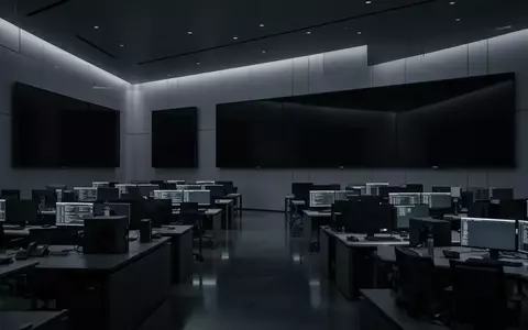 Ein minimalistisch gestalteter Sicherheits-Kontrollraum mit dunklen, ausgeschalteten Bildschirmen und moderner Architektur. - Foto: über boerse-global.de