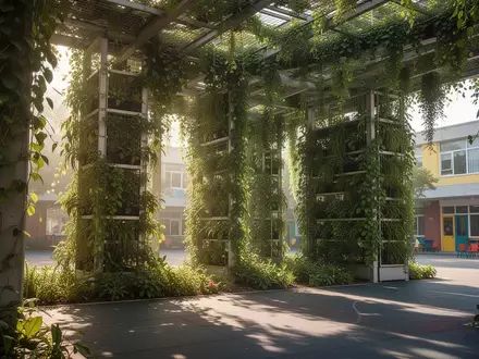 Eine begrünte Ruheinsel mit dichtem Blattwerk steht als Schattenspender auf einem gepflasterten Schulhof. - Foto: über boerse-global.de