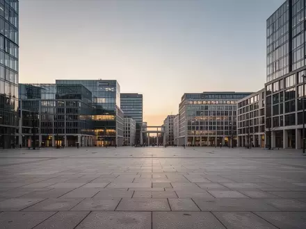 Weitläufiger, leerer Potsdamer Platz in Berlin in der Abenddämmerung mit moderner Architektur. - Foto: über boerse-global.de