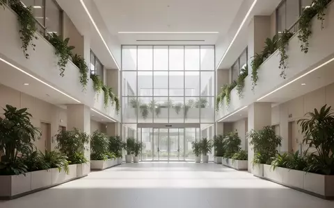 Heller und moderner Krankenhaus-Atrium-Bereich mit großen Glasfenstern und Pflanzen als Symbol für moderne Gesundheitsvorsorge. - Foto: über boerse-global.de