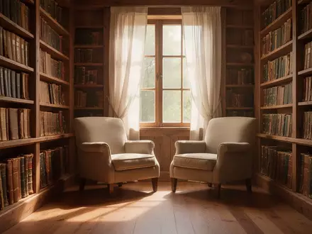 Eine ruhige, sonnendurchflutete Ecke einer Bibliothek mit hohen Bücherregalen und einem gemütlichen Sessel am Fenster. - Foto: über boerse-global.de