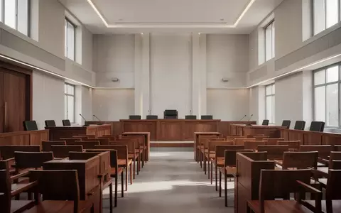 Ein leerer, modern gestalteter Gerichtssaal mit hellen Holzmöbeln und einfallendem Tageslicht. - Foto: über boerse-global.de