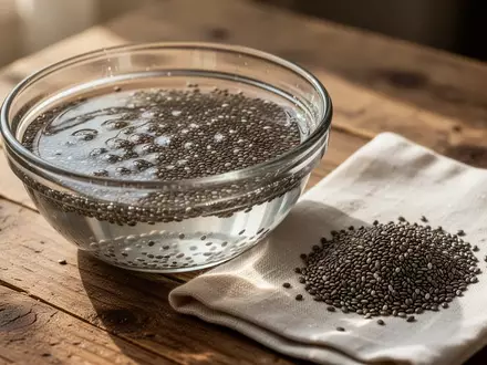 Eine Nahaufnahme von eingeweichten Chiasamen in einer Glasschale neben einem kleinen Haufen trockener Samen auf einem Leinentuch. - Foto: über boerse-global.de