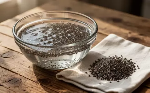 Eine Nahaufnahme von eingeweichten Chiasamen in einer Glasschale neben einem kleinen Haufen trockener Samen auf einem Leinentuch. - Foto: über boerse-global.de
