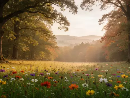 Eine sonnendurchflutete Wiese am Rande eines dichten Waldes im Frühherbst. - Foto: über boerse-global.de