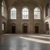 Ein minimalistischer Innenhof eines historischen Gebäudes mit hohen Steinbögen und natürlichem Lichteinfall. - Foto: über boerse-global.de