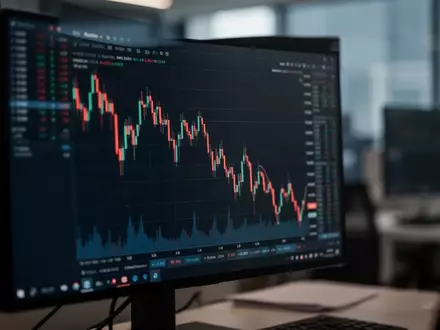 Nahaufnahme eines verschwommenen Computerbildschirms mit einem abfallenden Börsenchart in einem modernen Büro. - Foto: über boerse-global.de