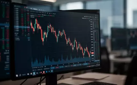Nahaufnahme eines verschwommenen Computerbildschirms mit einem abfallenden Börsenchart in einem modernen Büro. - Foto: über boerse-global.de