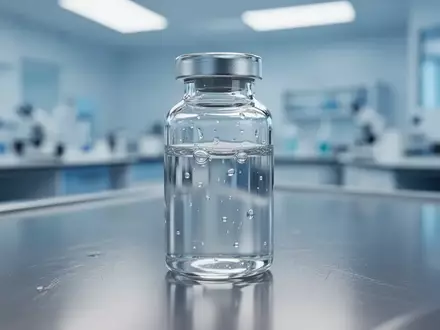 Eine gläserne Ampulle mit einer klaren Flüssigkeit auf einer sterilen Laboroberfläche. - Foto: über boerse-global.de