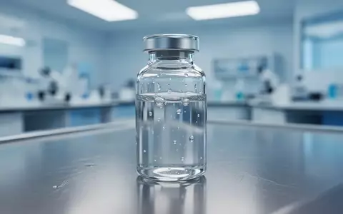 Eine gläserne Ampulle mit einer klaren Flüssigkeit auf einer sterilen Laboroberfläche. - Foto: über boerse-global.de