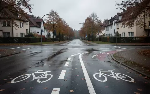 Eine leere Straßenkreuzung mit Radweg in einem Wohngebiet bei bewölktem Wetter. - Foto: über boerse-global.de