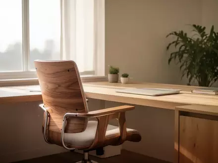 Ein heller, minimalistischer Arbeitsplatz mit einem ergonomischen Holzstuhl und einer Zimmerpflanze in natürlichem Tageslicht. - Foto: über boerse-global.de