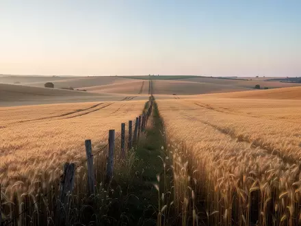 Weites, ruhiges Ackerland bei Sonnenaufgang mit einem hölzernen Zaun in einer ländlichen Landschaft. - Foto: über boerse-global.de