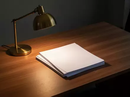 Ein leerer, aufgeräumter Schreibtisch mit einer Schreibtischlampe und einem Stapel unbeschriebener weißer Blätter. - Foto: über boerse-global.de