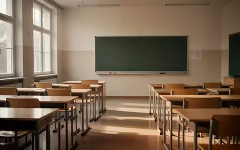 Ein leerer, sonnendurchfluteter Klassenraum in einer Schule mit leeren Holztischen und einer leeren Tafel. - Foto: über boerse-global.de