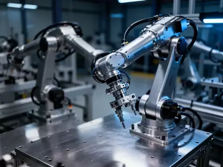 Ein moderner Roboterarm in einer automatisierten Industrieanlage mit bläulicher Beleuchtung. - Foto: über boerse-global.de