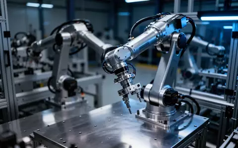 Ein moderner Roboterarm in einer automatisierten Industrieanlage mit bläulicher Beleuchtung. - Foto: über boerse-global.de