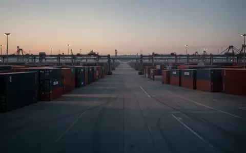 Ein weitläufiges Logistikterminal mit ordentlich gestapelten Containern in der Abenddämmerung. - Foto: über boerse-global.de