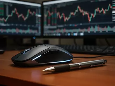 Ein professioneller Schreibtisch mit Börsenmonitoren im Hintergrund, die Aktienkurse und Finanzdiagramme zeigen. - Foto: über boerse-global.de
