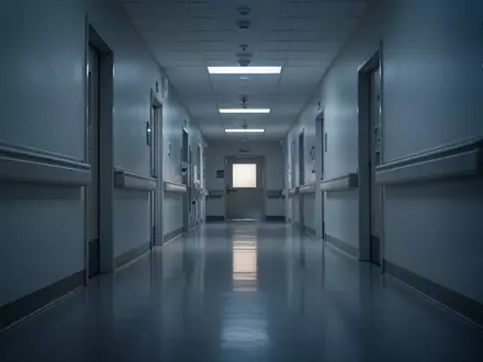 Ein langer, leerer und steriler Krankenhausflur bei Nacht mit kühler Beleuchtung und glänzenden Bodenflächen. - Foto: über boerse-global.de