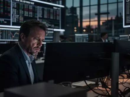 Ein einsamer Börsenhändler an einem dunklen Arbeitsplatz in einer modernen Frankfurter Börsenhalle bei gedimmtem Licht. - Foto: über boerse-global.de